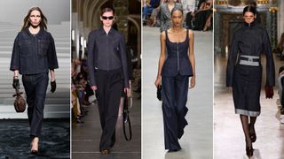 Dark indigo denim and jeans at Versace, Tory Burch, Carolina Herrera, and Victoria Beckham Fall 2024