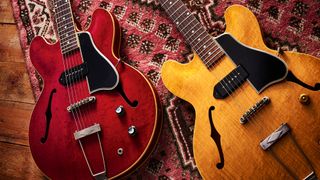 Gibson ES-330T electric guitars on a stylish rug