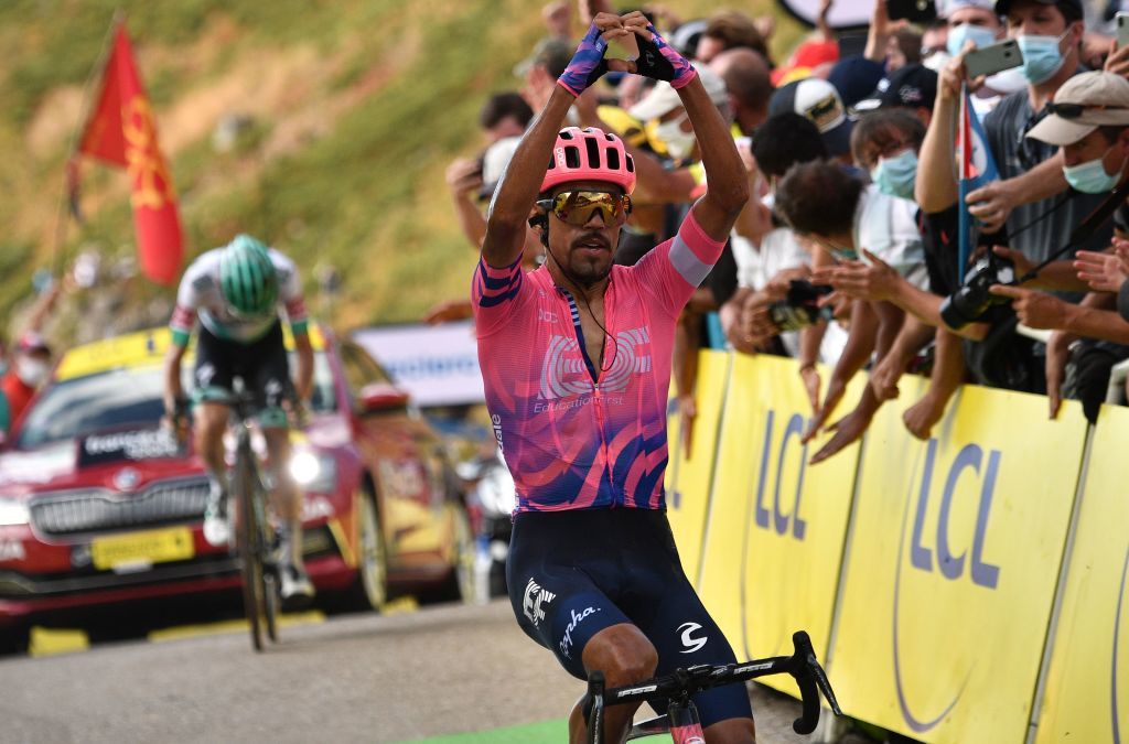 Stage winner Team Education First rider Colombias Daniel Martinez celebrates as he crosses the finish line ahead of Team Bora rider Germanys Lennard Kamna at the end of the 13th stage of the 107th edition of the Tour de France cycling race 191 km between ChatelGuyon and Puy Mary on September 11 2020 Photo by AnneChristine POUJOULAT POOL AFP Photo by ANNECHRISTINE POUJOULATPOOLAFP via Getty Images