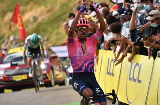 Stage winner Team Education First rider Colombias Daniel Martinez celebrates as he crosses the finish line ahead of Team Bora rider Germanys Lennard Kamna at the end of the 13th stage of the 107th edition of the Tour de France cycling race 191 km between ChatelGuyon and Puy Mary on September 11 2020 Photo by AnneChristine POUJOULAT POOL AFP Photo by ANNECHRISTINE POUJOULATPOOLAFP via Getty Images