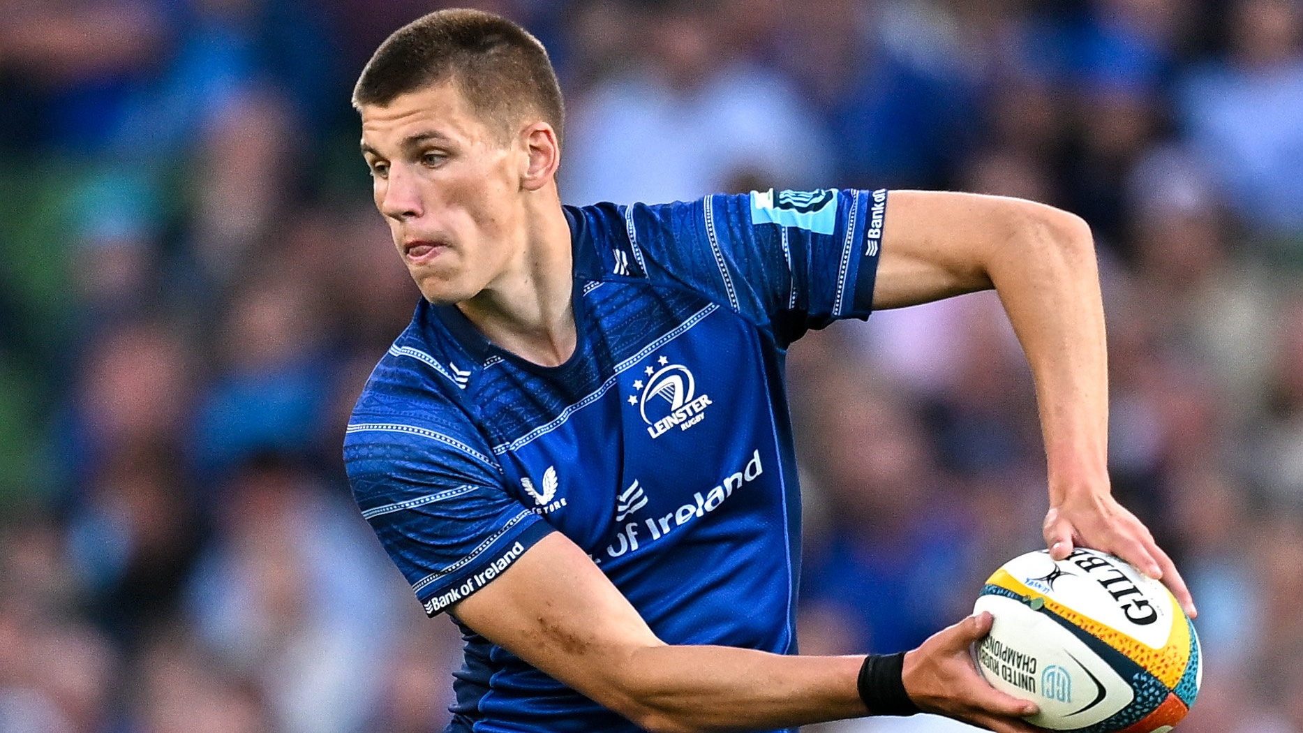 Sam Prendergast of Leinster during the United Rugby Championship match between Leinster and Glasgow Warriors at the Aviva Stadium in Dublin. (Photo By Sam Barnes/Sportsfile via Getty Images)