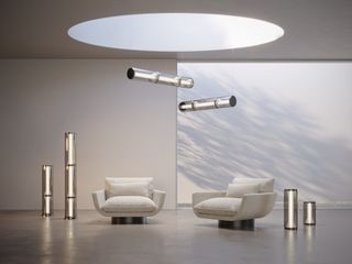 ‘Miles’ lighting cylinders floor standing and suspended, by Yabu Pushelberg for Lasvit