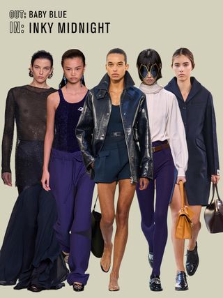 Collage of models wearing navy on the spring/summer 2025 runways.