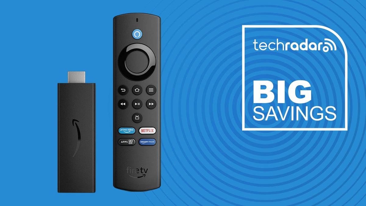 Amazon Fire TV Stick Lite on blue background with TechRadar big savings sign