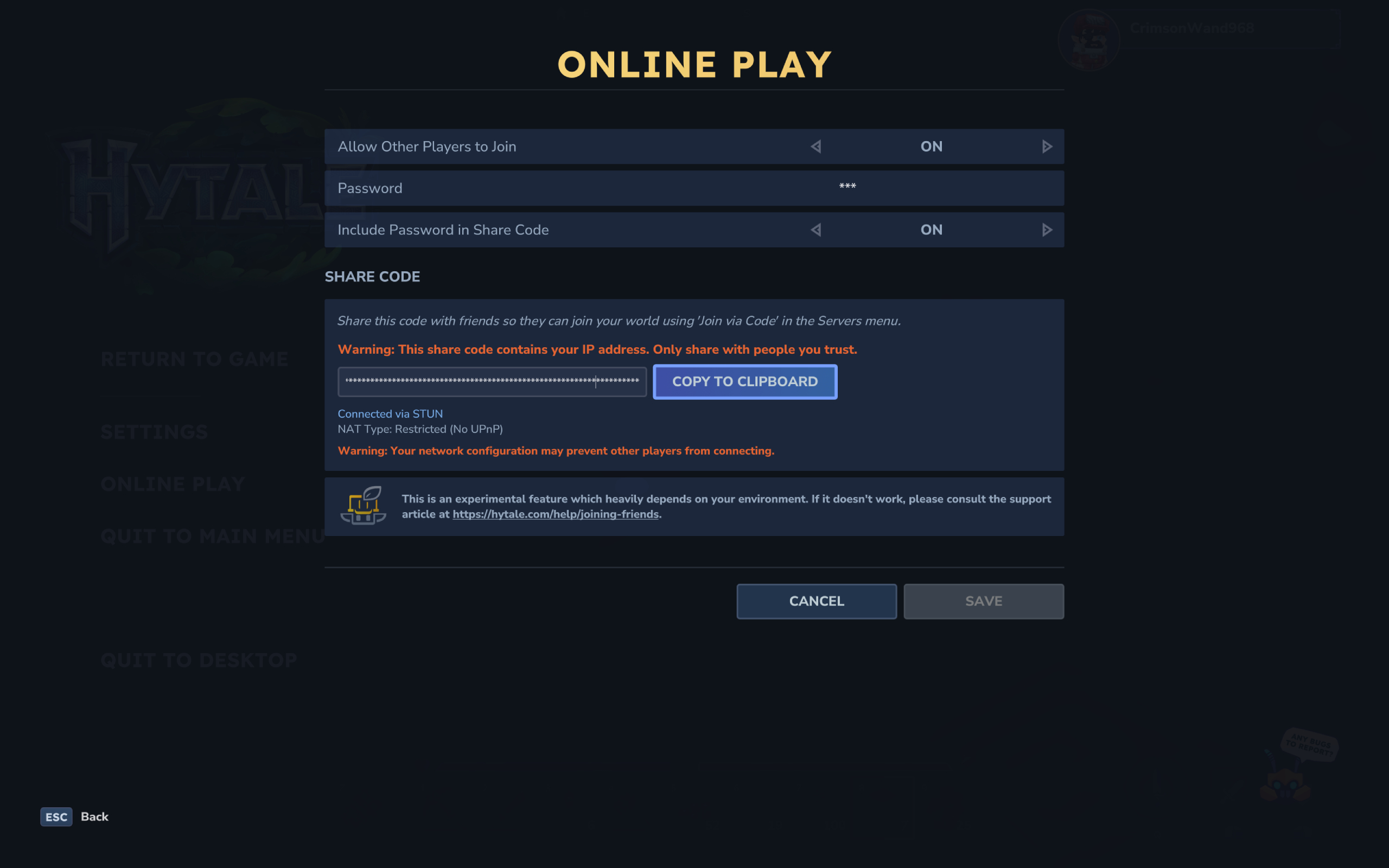 Hytale multiplayer server: The online play settings while hosting your own world server.