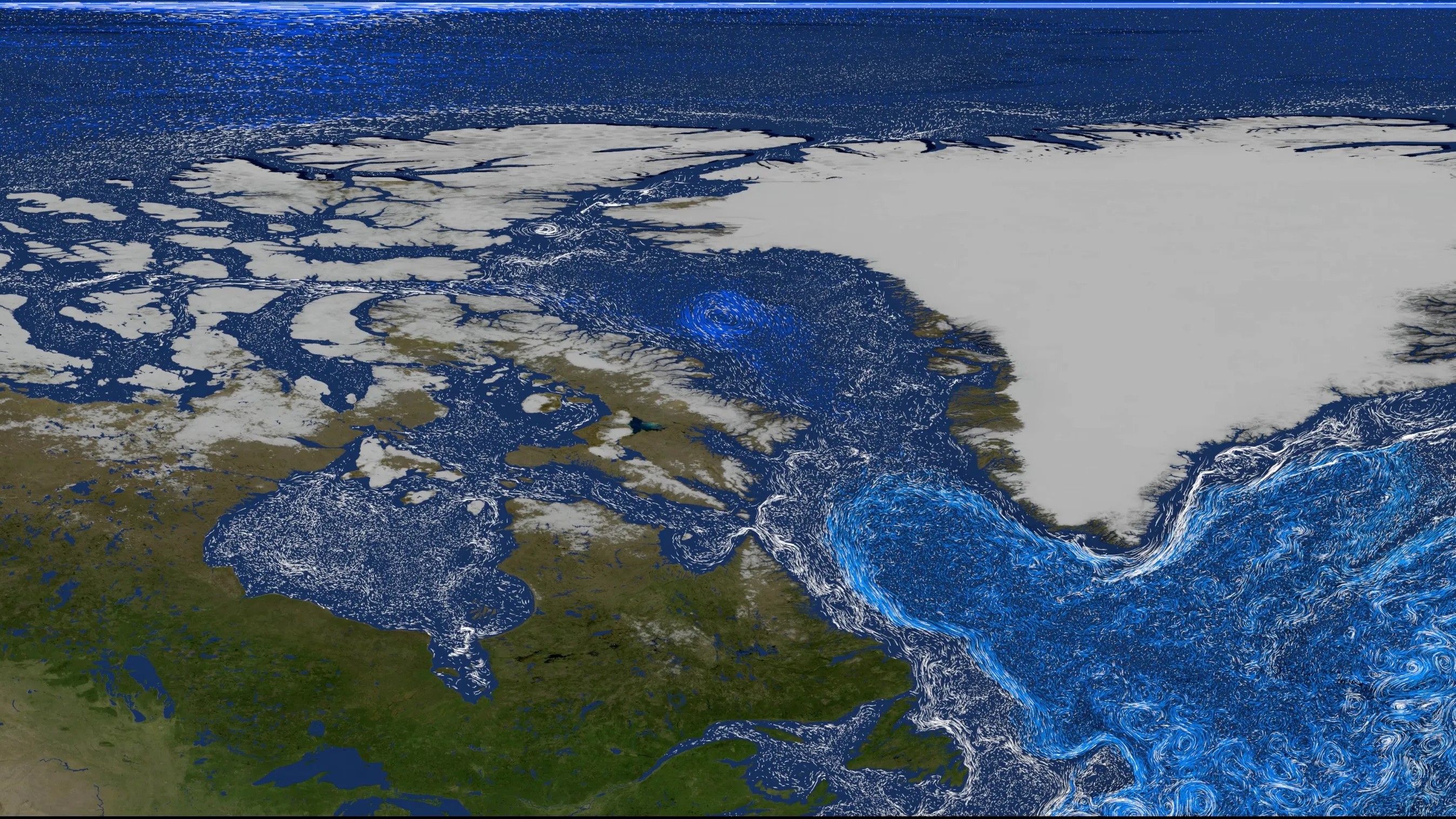 Nasa visualization of North America and Greenland with ocean currents swirling between them.