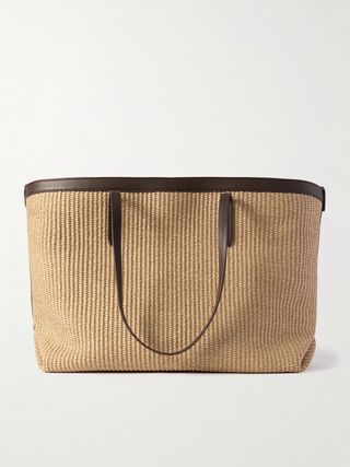 Bead-Embellished Leather-Trimmed Raffia Tote