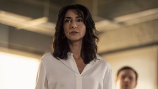 Necar Zadegan as Nikki looking worried in CIA HQ