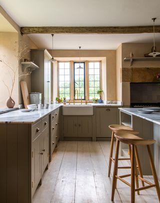 Neutral country kitchen with sage cabinets and plaster walls