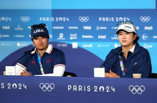 Lilia Vu (left) and Rose Zhang at their pre-Olympic press conference before Paris 2024