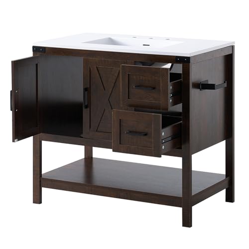 Amerlife 36" Brown Farmhouse Bathroom Vanity With Sink and 2 Drawers
