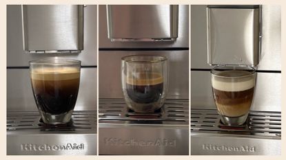 Three images of different coffees made when testing the KitchenAid KF6 Fully Automatic Espresso Machine