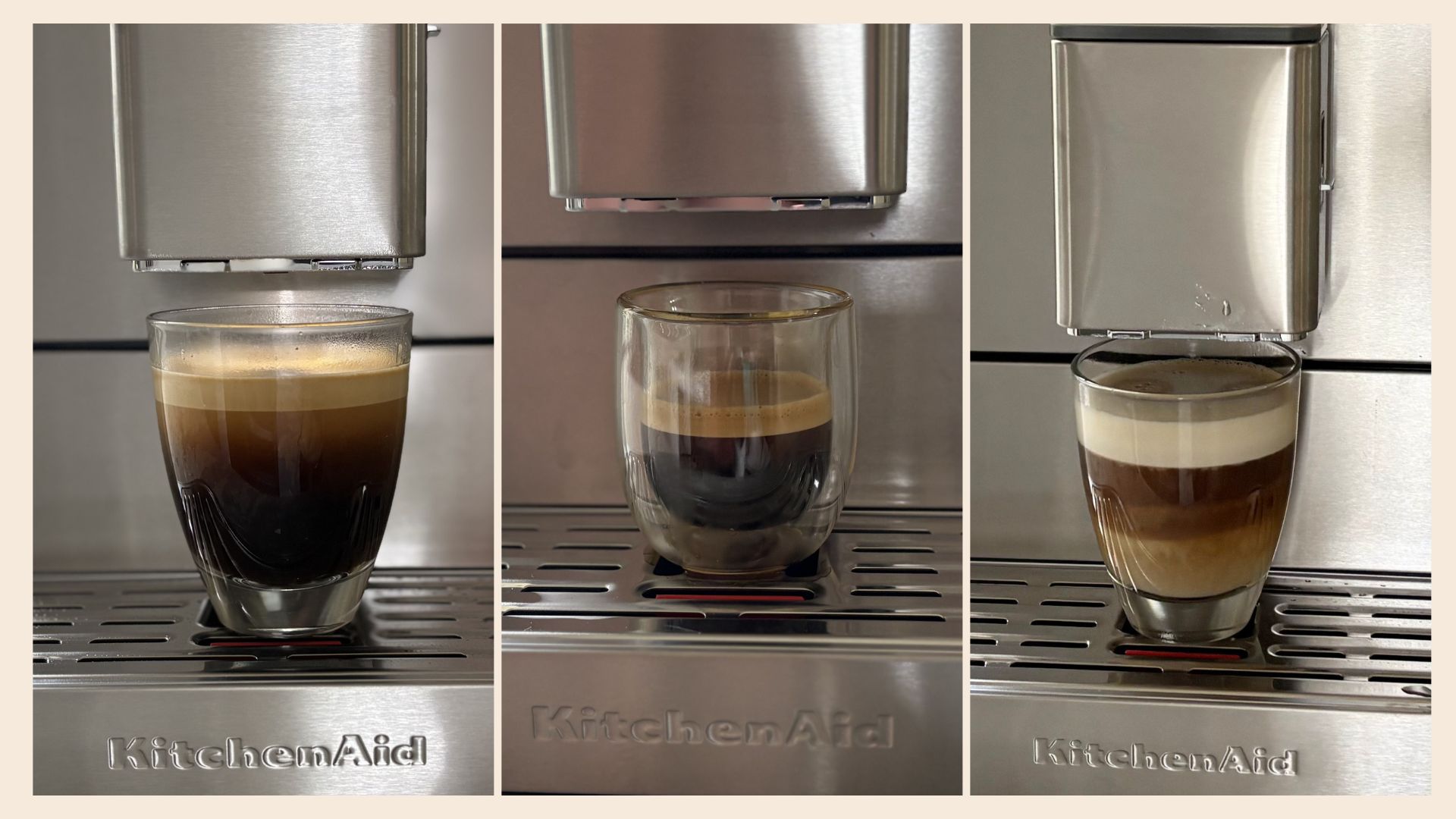 Three images of different coffees made when testing the KitchenAid KF6 Fully Automatic Espresso Machine