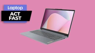 Lenovo IdeaPad Slim 3 laptop in silver colorway against a pink background