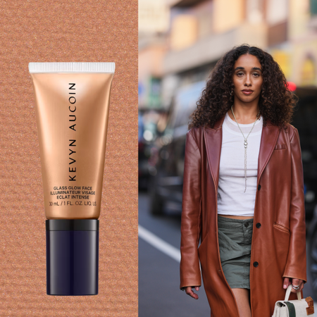 A woman wearing a brown trench coat, white shirt and khaki green skirt. She is next to two tubes of product (highlighter and hair treatment) from the Ulta Sale.