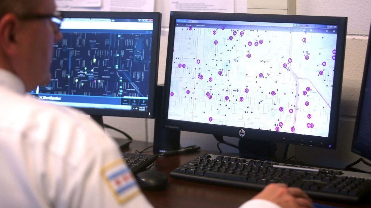 Police monitor ShotSpotter and other crime detection programs at the Chicago Police Department 7th District&#039;s Strategic Decision Support Center.