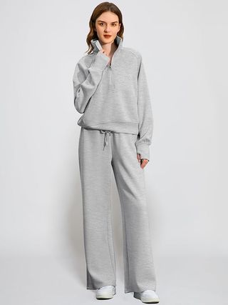 Lounge Sets for Women 2024 Fall Winter 2 Piece Outfits Half Zip Sweatshirt Wide Leg Sweatpant Lounge Matching Sweat Set Athleisure Wear Travel Clothes Set Sweatsuit Tracksuit Light Grey S