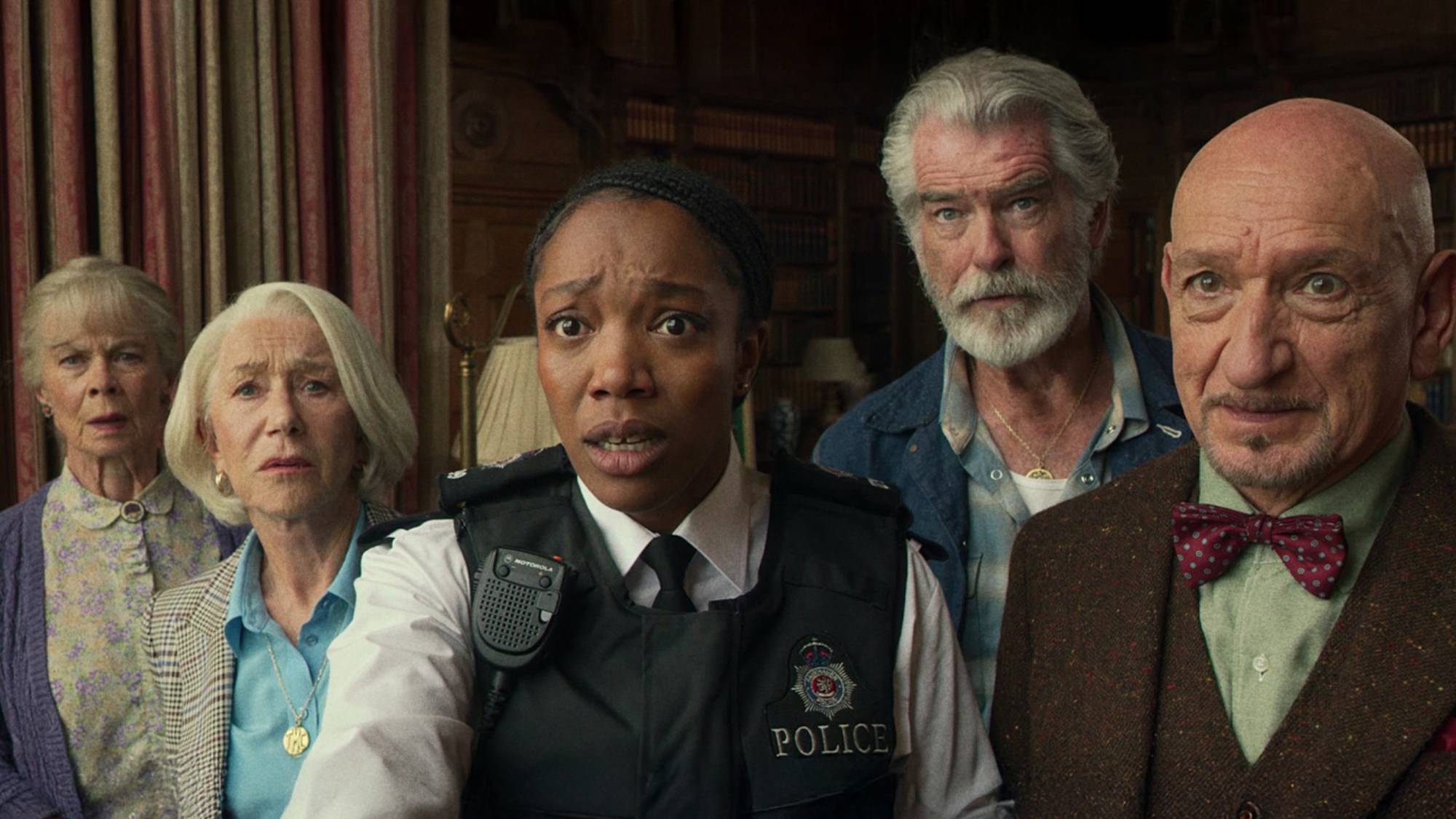 (L-R) Celia Imrie as Joyce Meadowcroft, Helen Mirren as Elizabeth Best, Naomi Ackie as Donna De Freitas, Pierce Brosnan as Ron Ritchie and Ben Kingsley as Ibrahim Arif in "The Thursday Murder Club"