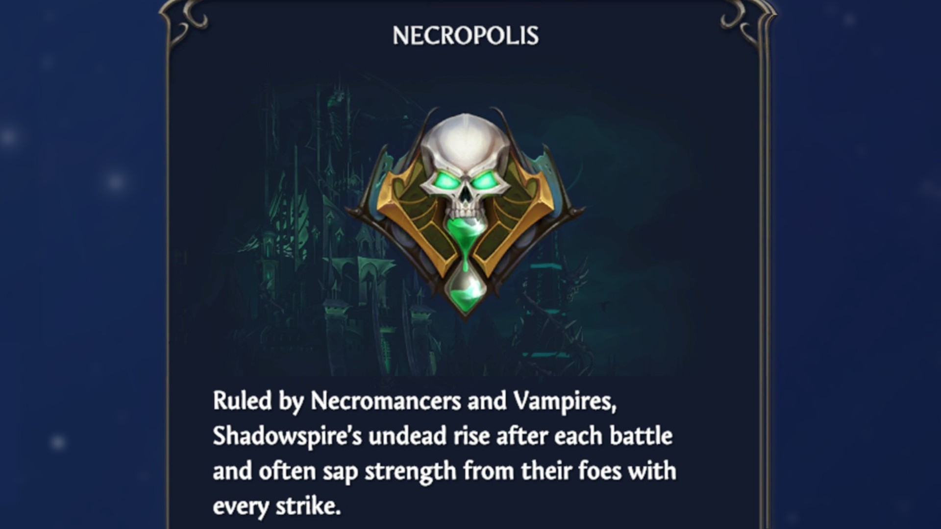 The Necropolis Faction description and their skull logo in HoMM Olden Era.