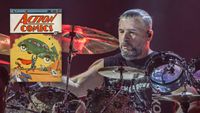 John Dolmayan onstage, plus (inset) a copy of Action #1