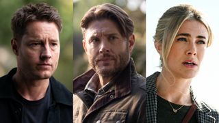 From L to R: Justin Hartley as Colter Shaw, Jensen Ackles as Russell Shaw, and Melissa Roxburgh as Dr. Dory Shaw on Tracker.