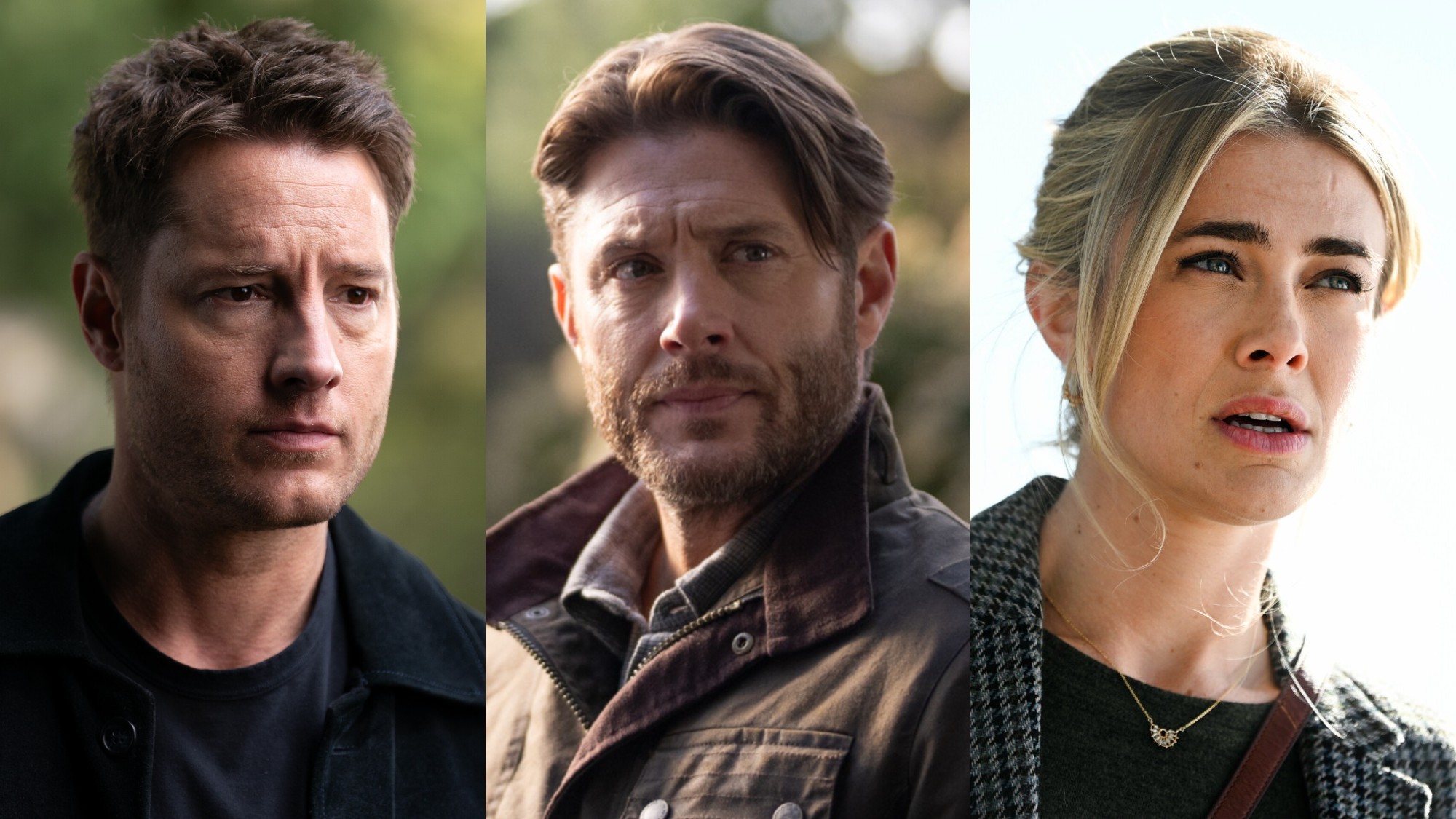 From L to R: Justin Hartley as Colter Shaw, Jensen Ackles as Russell Shaw, and Melissa Roxburgh as Dr. Dory Shaw on Tracker.