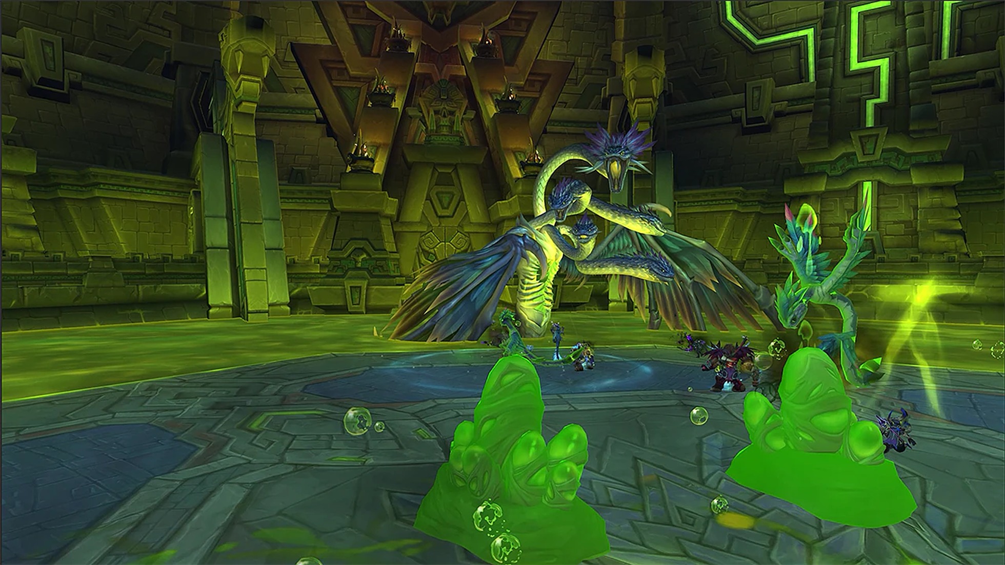A mystical scene in a vibrant green, dungeon-like chamber featuring a large, menacing bird-like creature surrounded by glowing green slimes and adventurers in combat.