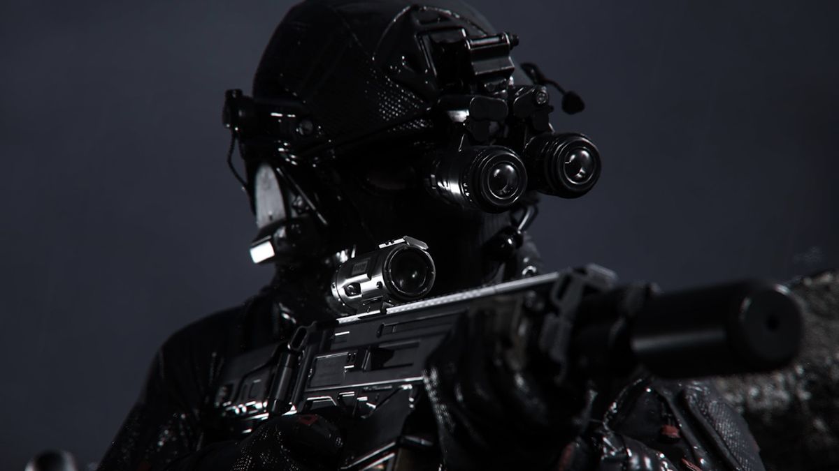 A soldier stands in heavy rain, aiming a submachine gun 