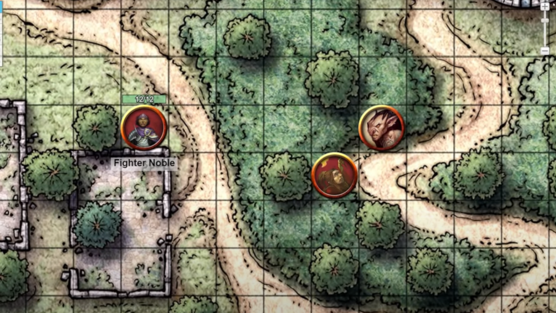 An image of the Roll20 virtual tabletop, featuring a noble facing off against goblins.