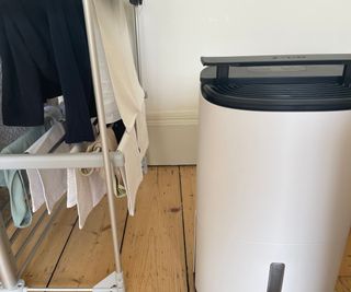 MeacoDry Arete One 20L Dehumidifier beside a clothes horse