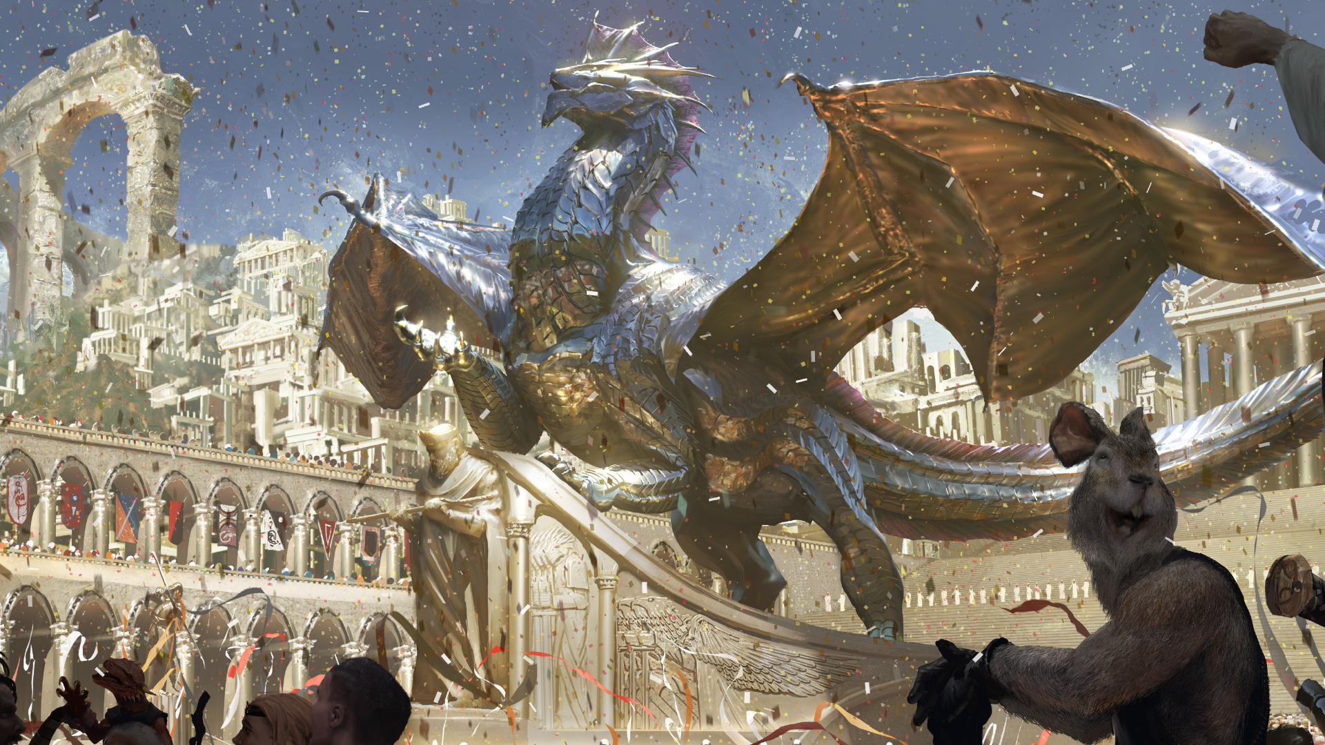 A golden dragon stands proudly in an arena while confetti falls and people cheer in this official Dungeons & Dragons artwork for the 50th anniversary