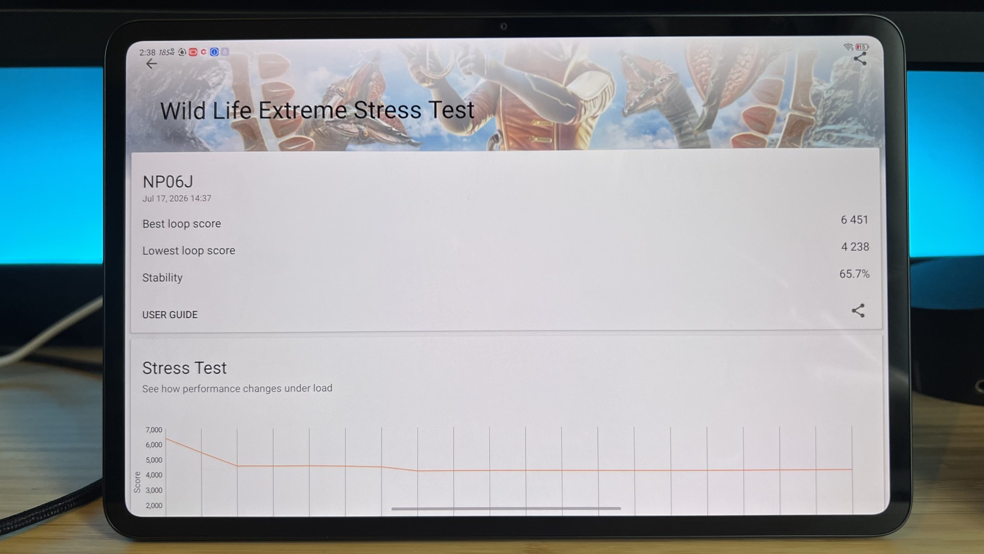 RedMagic Astra 2 gaming tablet with Wild Life Extreme Stress Test results page on screen