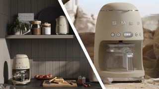 Split image of Smeg kitchen appliances in Moonlight colorway in a neutral-themed kitchen, and a closeup of the Smeg Filter Coffee Maker in a lunar landscape