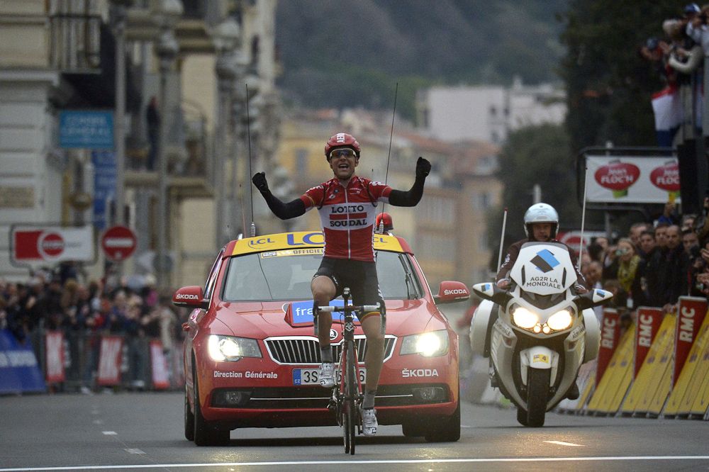 Tony Gallopin of France and Lotto-Soudal celebrates winning stage six of the 2015 Paris-Nice from Vence to Nice.