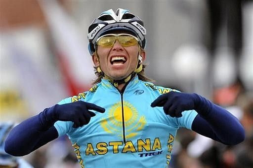 Iglinsky gives the standard Astana salute - pointing to the team logo to indicate that the embattled team is the best.