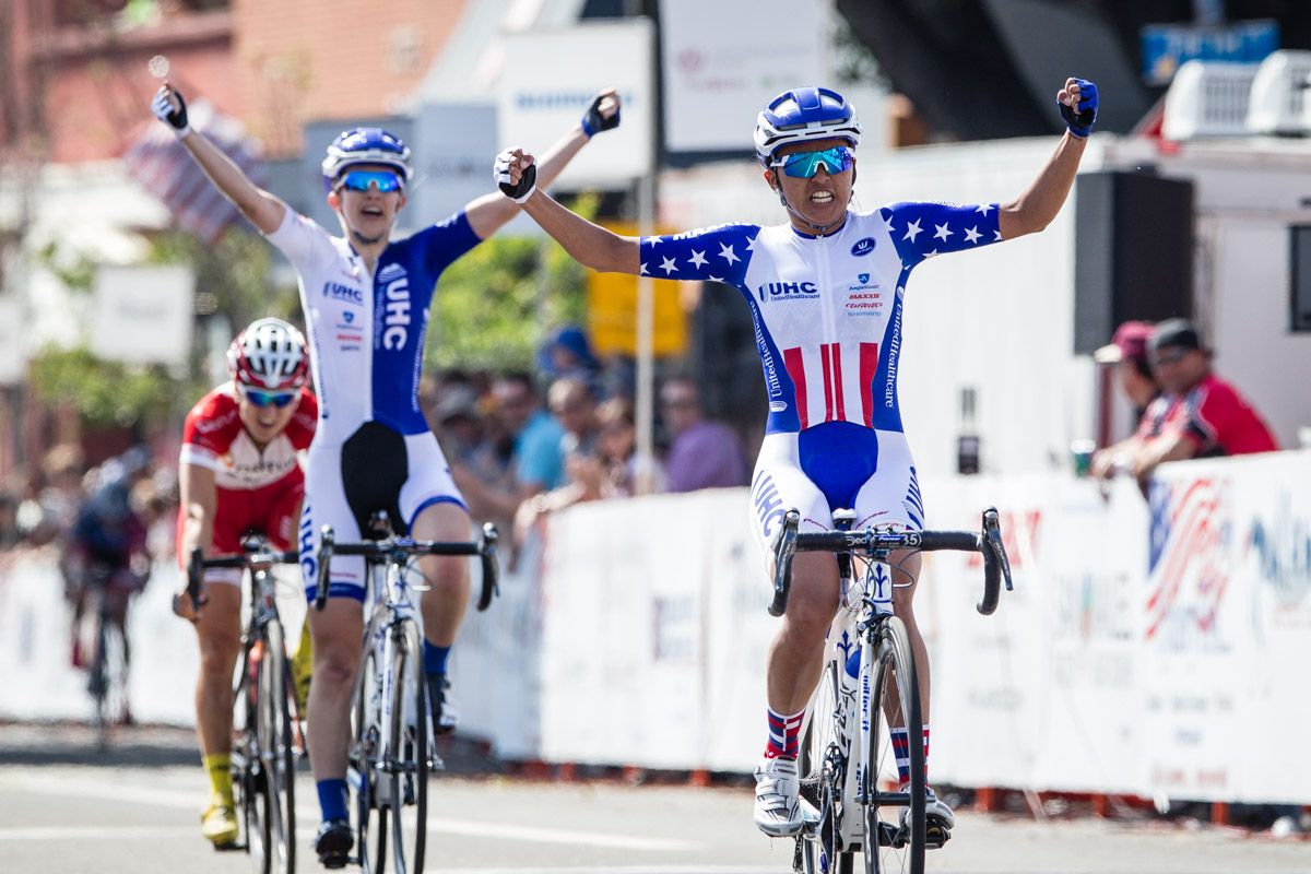 Coryn Rivera (UnitedHealthcare) takes the win with teammate Alexis Ryan in second