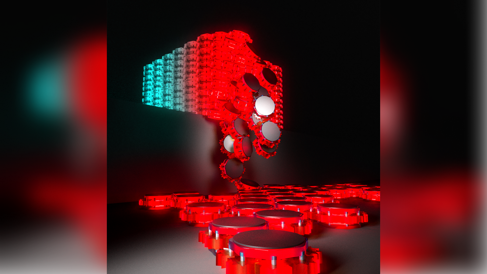 Illustration of the circular robots melting from a cube formation. Shows these robots can behave like a liquid.