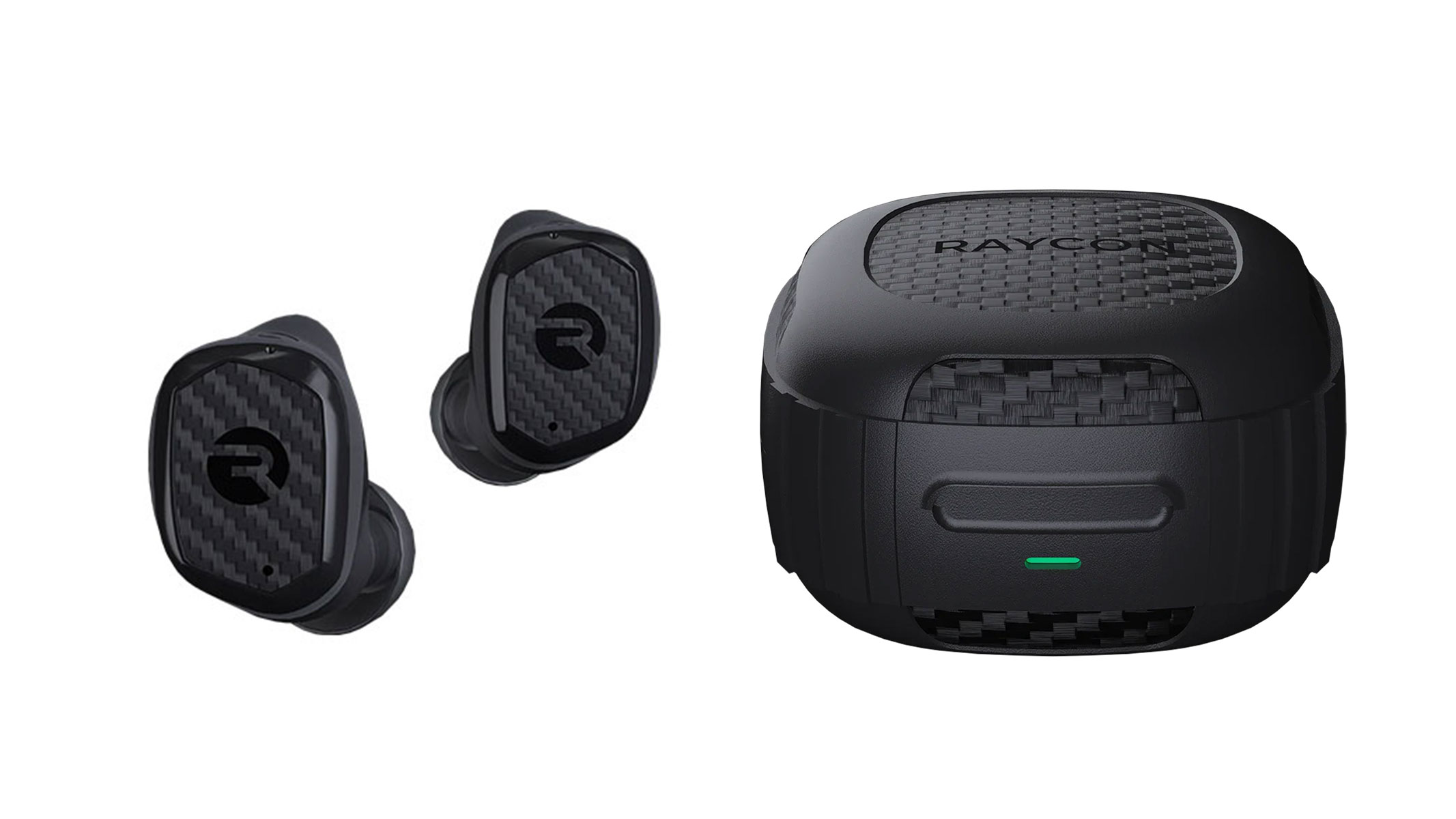 A stock picture of the Raycon Impact earbuds and the charging case