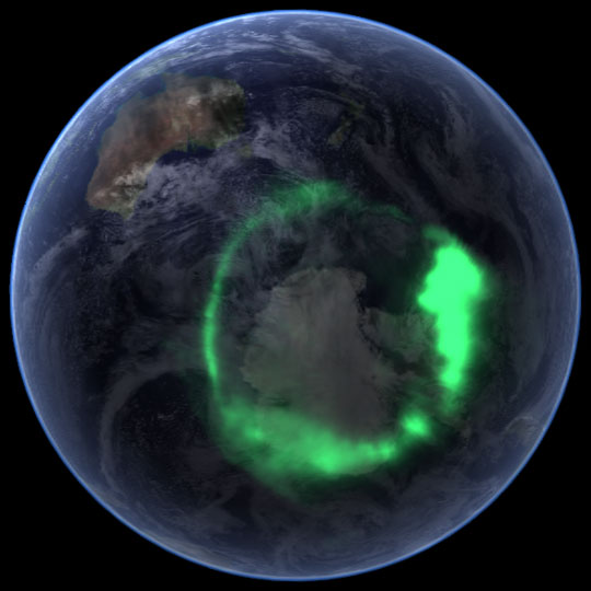 The IMAGE satellite captured this view of the aurora australis (southern lights) on September 11, 2005, four days after a record-setting solar flare sent plasma