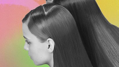 A collage of two women with sleek conditioned hair over a colorful background, have they used the olaplex no 8?