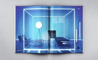 Inner pages of book with blue lighted living room