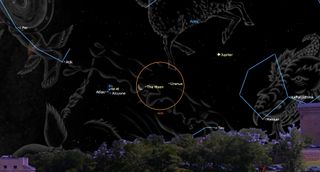 night sky august 2023 graphic showing the moon shine close to the seven sisters star cluster.