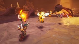 Armed players band together against a bee-like enemy inside a cave