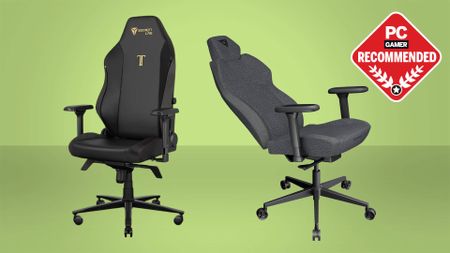 A Secretlab Titan Evo and ThunderX3 Solo 360 gaming chair on a green background with a PC Gamer Recommended label on top.
