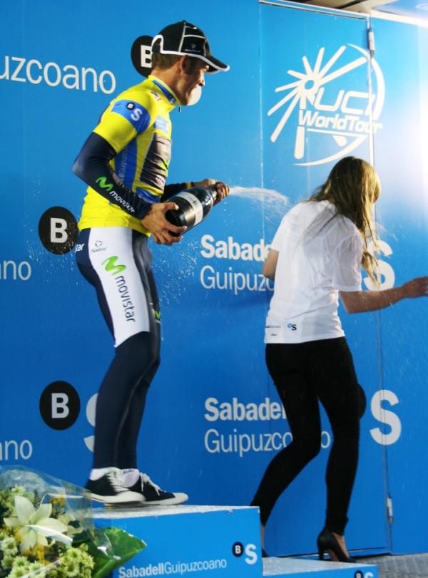 Overall leader Jos&eacute; Joaquin Rojas (Movistar) enjoys his podium time