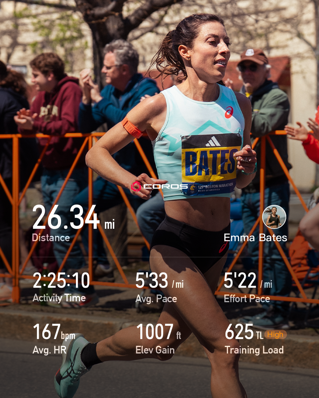 COROS exported workout results for a partnered runner at the Boston Marathon.