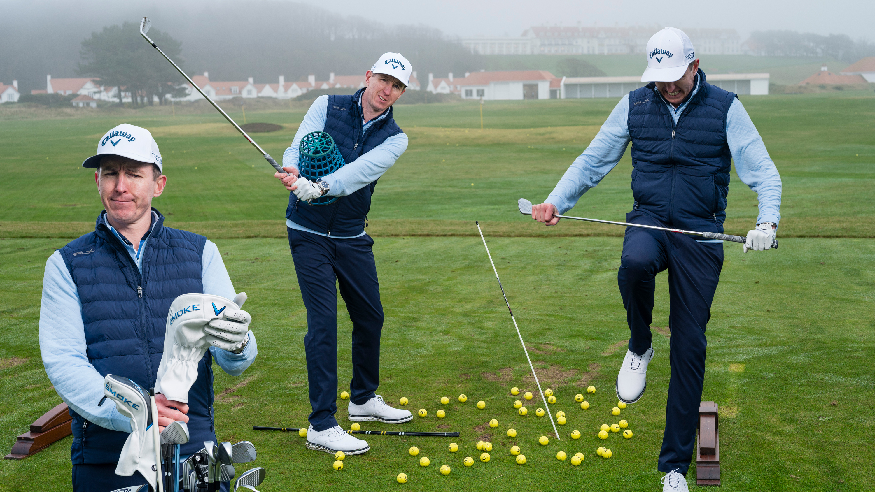 Ben Emerson on the driving range demonstrating a number of common mistakes that amateur golfers make including getting frustrated (snapping a club over his knee), always opting to hit driver (pulling the headcover off the driver from his golf bag) and overcomplicating everything by using too many drills, pieces of equipment and golf balls (signified by a mess of equipment scattered around Ben on the ground)