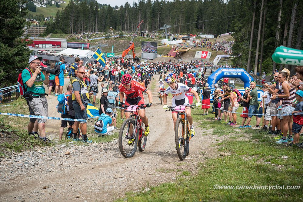 Yana Belomoina (CST Sandd American Eagle MTB Racing Team) and Linda Indergand (Focus XC Team)