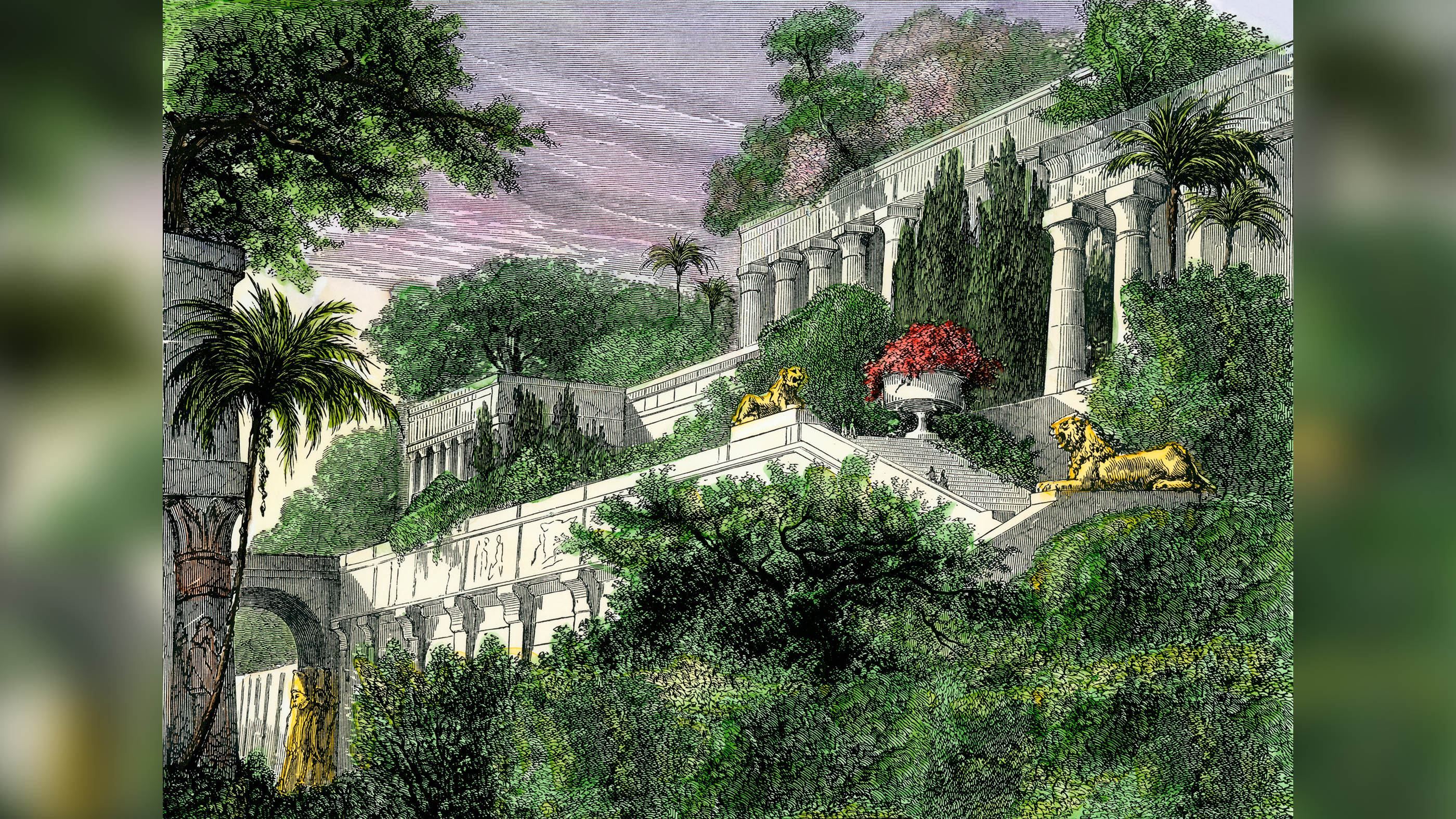 Here, a woodcut of the Hanging Gardens of Babylon in ancient times, which is one of the seven wonders of the ancient world.