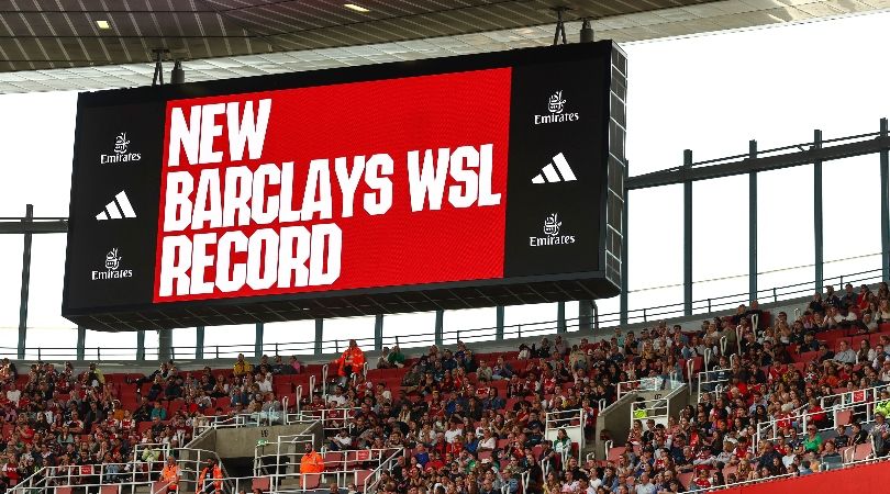 The big screen at the Emirates Stadium shows a new WSL attendance record has been set in the WSL for Arsenal&#039;s clash against Liverpool in October 2023.